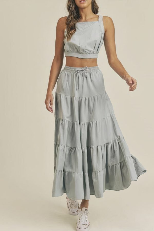 LINEN MIX CROP TOP AND RUFFLE TIER MIDI SKIRT SET - DUSTY BLUE