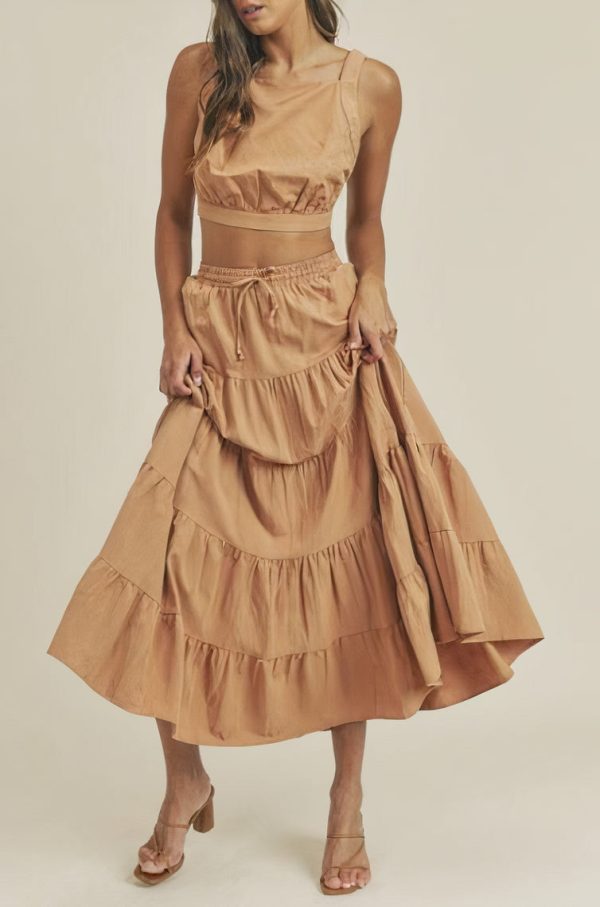 LINEN MIX CROP TOP AND RUFFLE TIER MIDI SKIRT SET - DUSTY SALMON