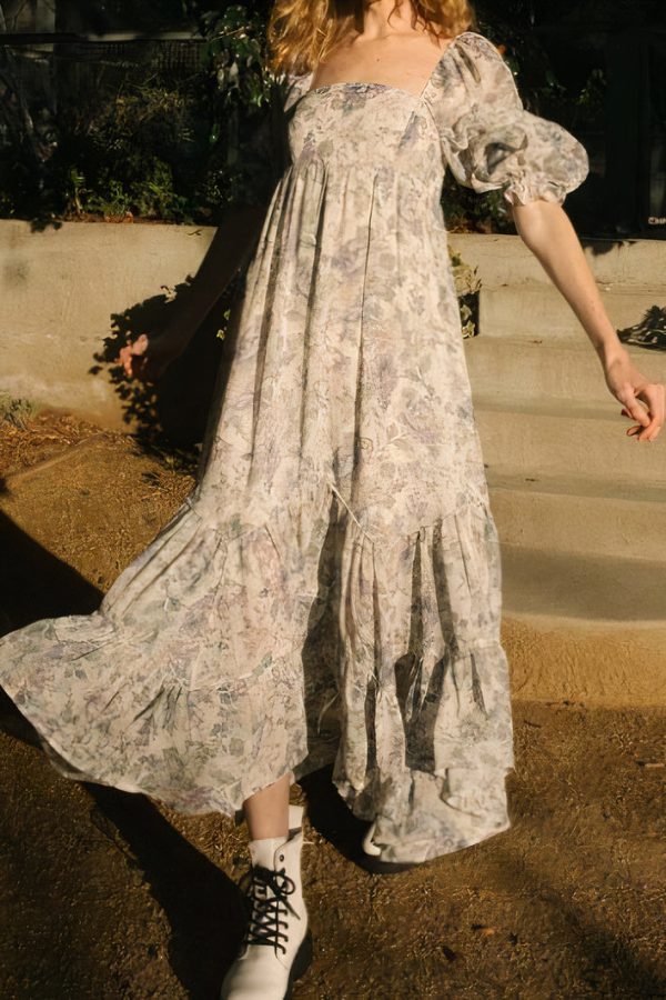 LARGE REALISTIC FLORAL PRINT BABYDOLL MAXI DRESS